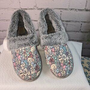 BOB'S BY SKECHERS MEMORY FOAM SLIPPERS TOO COZY PUPPY DOGS FACES FAUX FUR SIZE 6